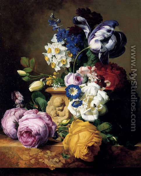 Roses,Tulips, Morning Glory, Delphinium And Primrose Peerless In A Terra Cotta Vase On A Marble Ledge - Charles-Joseph Node