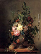 Roses, Morning Glory, Poppies and Tulips with Peaches anda Bird's Nest on a wooden Ledge - Francois-Joseph Huygens