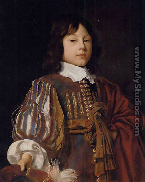 Portrait of a young gentleman in a burgundy doublet with slashed sleeves and a sash, a feathered cap in hand - Jan Mytens