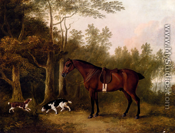 A Bay Hunter And Two Spaniels In A Landscape - John Boultbee