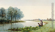 Children Playing By A River, A Village Beyond - George Stanfield Walters