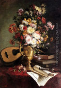 Dahlias In A Brass Ewer With A Mandolin, Books And A Clarinet On A Table - Julie Crouan
