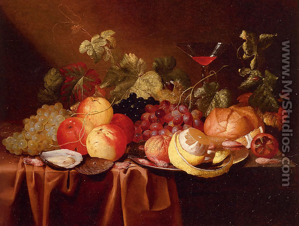 Still Life Of Peaches, Grapes, A Peeled Lemon, An Oyster, a Bread Roll And A Glass Of Wine, All On A Draped Table - Jan Pauwel Gillemans The Elder