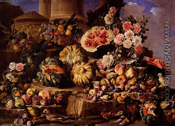 Still Life Of Fruit And Flowers On A Stone Ledge With Birds And A Monkey - Michele Pace Del (Michelangelo di) Campidoglio
