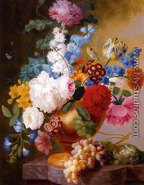 Still Life Of Tulips, Roses, Peonies, Narcissus, And Other Flowers In A Urn - Pieter Faes