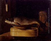 Still Life Of A Carp In A Bowl Placed On A Wooden Box, All Resting On A Table - Sebastien Stoskopff