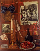 Trompe L'Oeil With A Basket Of Cherries On A Table And Engravings Tacked Up To A Wall - Jean Valette-Falgores