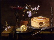 A Still Life Of A Pie And Sliced Lemon On Pewter Dishes, A Vase Of Flowers, A Glass Of Beer And A Wine Glass Upon A Partly Draped Table - Frans Ykens