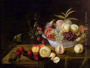 A Still Life Of Peaches, Grapes, Pomegranates, Figs And Wild Strawberries In A Wan-Li Porcelain Bowl All Resting On A Tabletop - Frans Ykens