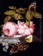 A Still Life With Sprigs Of Guelder-Rose And Forget-Me-Not Resting On A Sculpted Marble Ledge, And Red Admiral Butterflies And A Cabbage White, And Large Bugs - Ottmar The Elder Elliger