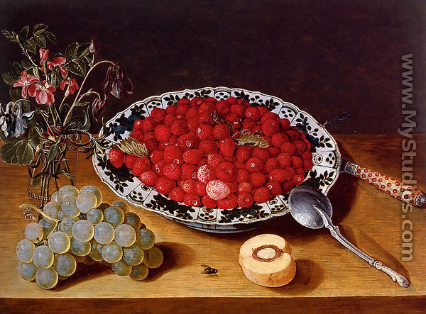 Wild Strawberries In A Wan-Li Kraak Porcelan Bowl With A vase Of Flowers And A Bunch Of Grapes, All Resting On A Wooden Ledge - Isaak Soreau