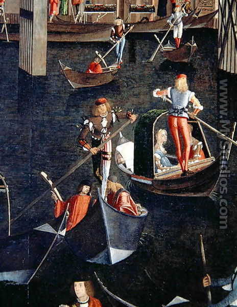 Gondoliers on the Grand Canal, detail from The Miracle of the Relic of the True Cross on the Rialto Bridge, 1494 - Vittore Carpaccio