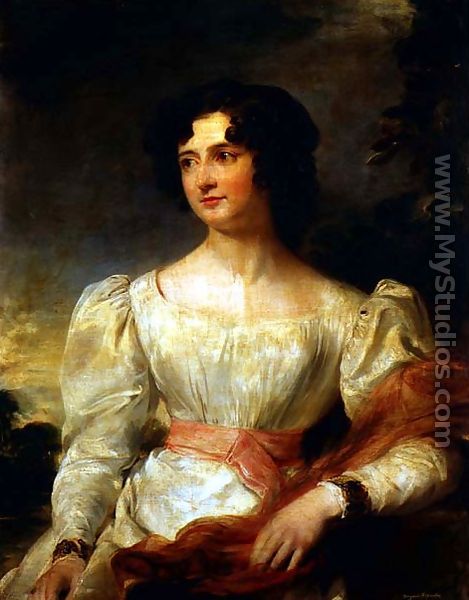 Portrait of Miss Belinda Way wearing a white dress and a pink sash - Margaret Sarah Carpenter