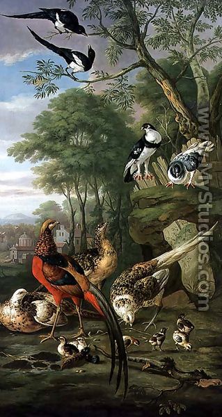 Cock pheasant, hen pheasant and chicks and other birds in a classical landscape - Pieter Casteels