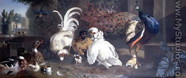 A Peacock, Chickens, Ducks and a Kingfisher - Pieter Casteels