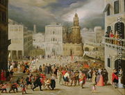 A scene in a town square with numerous figures - Louis de Caulery