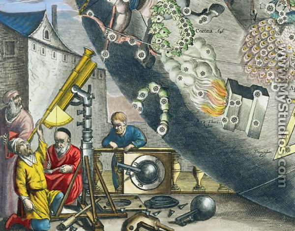 Astronomers looking through a telescope, detail from a map of the constellations, from 
