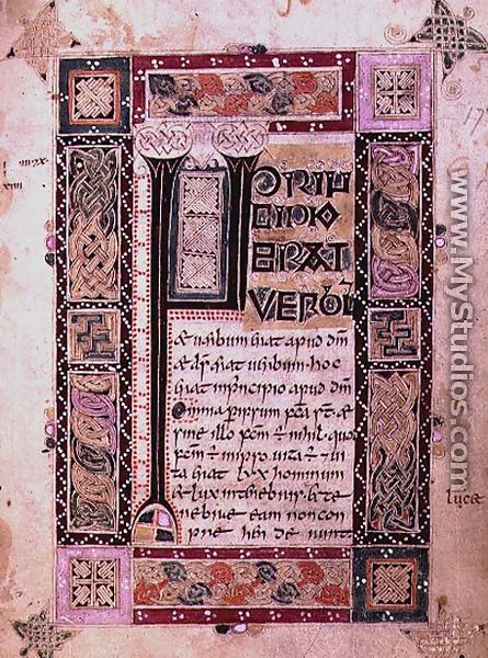 First page of the Gospel of St. John the Evangelist, text with initial and decorative border, from the MacDurnan Gospels, Armagh - Celtic