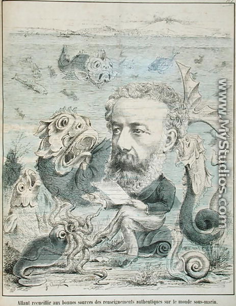 Jules Verne (1828-1905) studying life at the bottom of the sea, caricature from 