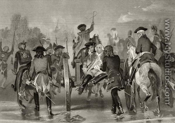 Mortally wounded General Edward Braddock retreats from the Monongahela River in 1755 after an attack from French and Indian Forces, from 