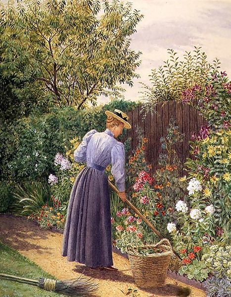 Lady gardening in a herbaceous border - Marian Emma Chase