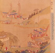 The Second Sui Emperor, Yangdi (569-618) with his fleet of sailing craft, from a history of Chinese emperors - Chinese School