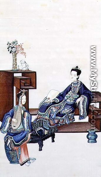 Lady Reclining with a Servant Playing a Musical Instrument - Chinese School