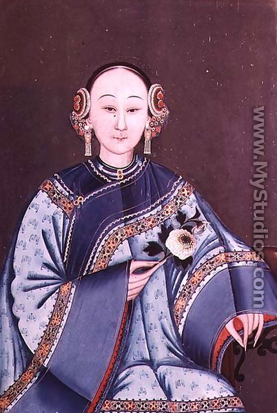 Chinese woman in traditional costume holding a single flower - Chinese School