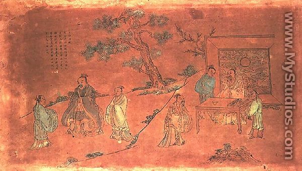 Scene from the life of Confucius (c.551-479 BC) and his disciples, Qing Dynasty (1644-1912) - Chinese School