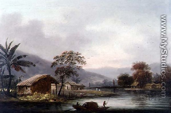 Figures Guiding a Sampan Round a Bend in a River, Past a Village - (circle of) Chinnery, George (1774-1852)