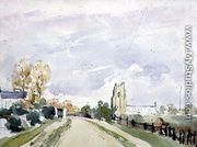 Suffolk Landscape, a wide Road with a small House, a Church and Trees - Thomas Churchyard