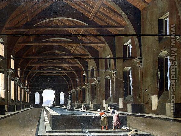 Women Washing Clothes - Cerquozzi, Michelangelo (1602-60) and Codazzi, Viviano (1603-72)