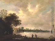 A river landscape with fishermen drawing in a net - Jan Coelenbier