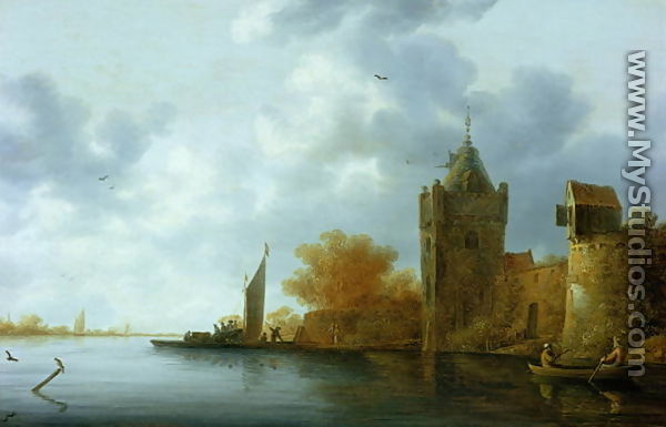 River estuary with a tower and fortified walls, ferry embarking - Jan Coelenbier