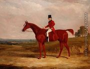 Sir Hugh Hamilton Mortimer, Master of the Old Surrey Foxhounds, on a chestnut hunter in an extensive landscape - John Frederick Herring Snr
