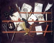 Trompe l'oeil letter rack with a miniature portrait of a young man in armour, 1697 - Edwart Collier