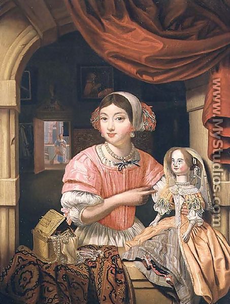 Girl holding a doll in an interior with a maid sweeping behind - Edwart Collier