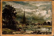 Salisbury Cathedral from the long bridge with an angler in the foreground - John Constable