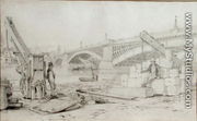 View of Southwark Bridge and the River Thames from Bankside, with two derricks in the foreground, 1827 - Edward William Cooke