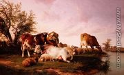 Sheep and Cattle Grazing by a Riverbank - Thomas Sidney Cooper