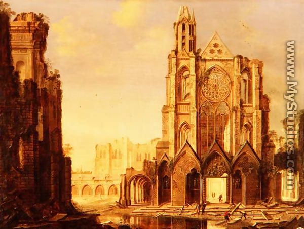 A ruined abbey with workmen - Hendrik Frans de Cort