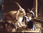 Long-eared rabbits in a cage, watched by a cat - Horatio Henry Couldery