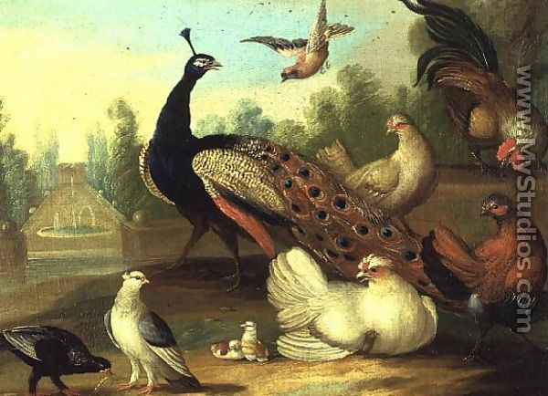 A Peacock  Doves Chickens and a Jay in a Park - Marmaduke Craddock