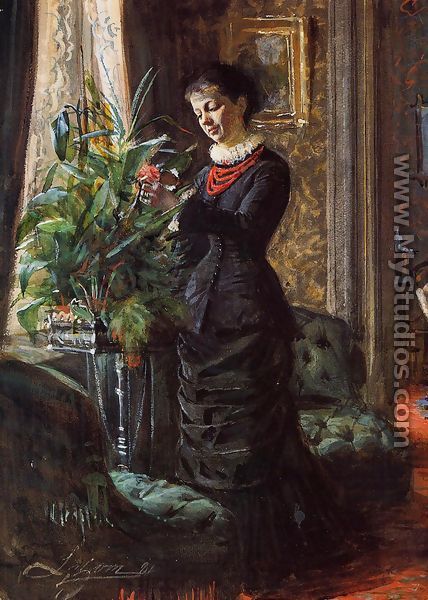 Portrait of Fru Lisen Samson, nee Hirsch, Arranging Flowers at a Window - Anders Zorn