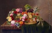 Still Life with a Basket of Fruit and a Wreath of Asters, Dahlias, Day Lillies and Morning Glories - Johan Laurentz Jensen