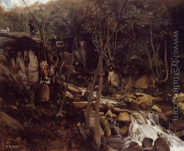 Lormes - A Waterfall with a Standing Peasant, Spinning Wool - Jean-Baptiste-Camille Corot