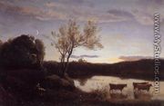 Pond with Three Cows and a Crescent Moon - Jean-Baptiste-Camille Corot