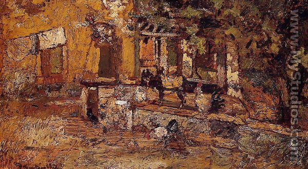 Farmyard with Donkeys and Roosters - Adolphe Joseph Thomas Monticelli