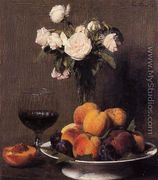 Still Life with Roses, Fruit and a Glass of Wine - Ignace Henri Jean Fantin-Latour