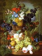 Still Life of Flowers, Fruit and Bird's Nest on a Marble Ledge - Georgius van Os